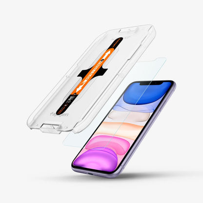064GL25166 - iPhone 11 Screen Protector GLAS.tR EZ Fit showing the ez fit tray and screen protector hovering in front of device