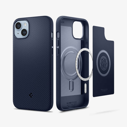 ACS04919 - iPhone 14 Plus Case Mag Armor (MagFit) in navy blue showing the back and inside with mag layers