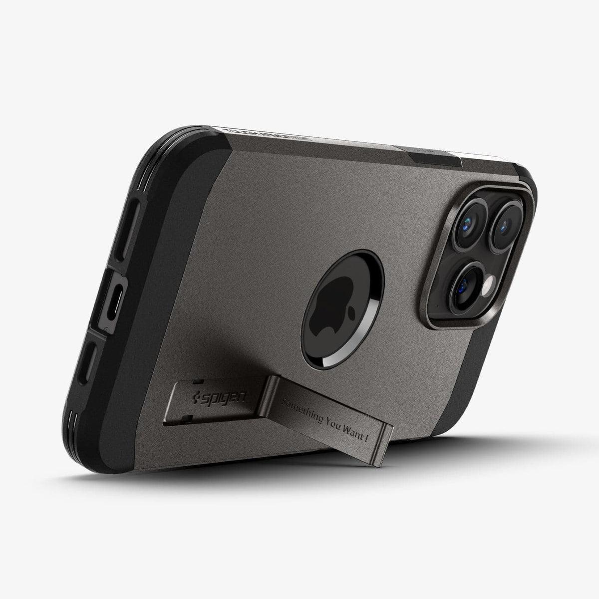 ACS06732 - iPhone 15 Pro Case Tough Armor (MagFit) in gunmetal showing the back with device propped up by built in kickstand