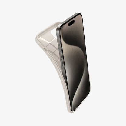 ACS07212 - iPhone 15 Pro Max Case Liquid Air in Natural Titanium showing the front of device, partial inner case partially peeled from behind