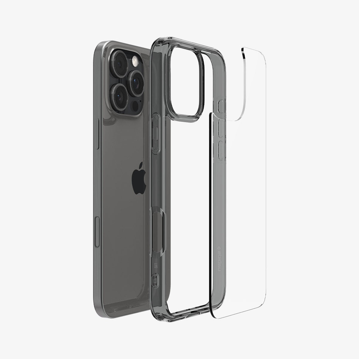 ACS07994 - iPhone 16 Pro Max Case Ultra Hybrid in Space Crystal showing the back, detached from the frame of the case aligned with the device