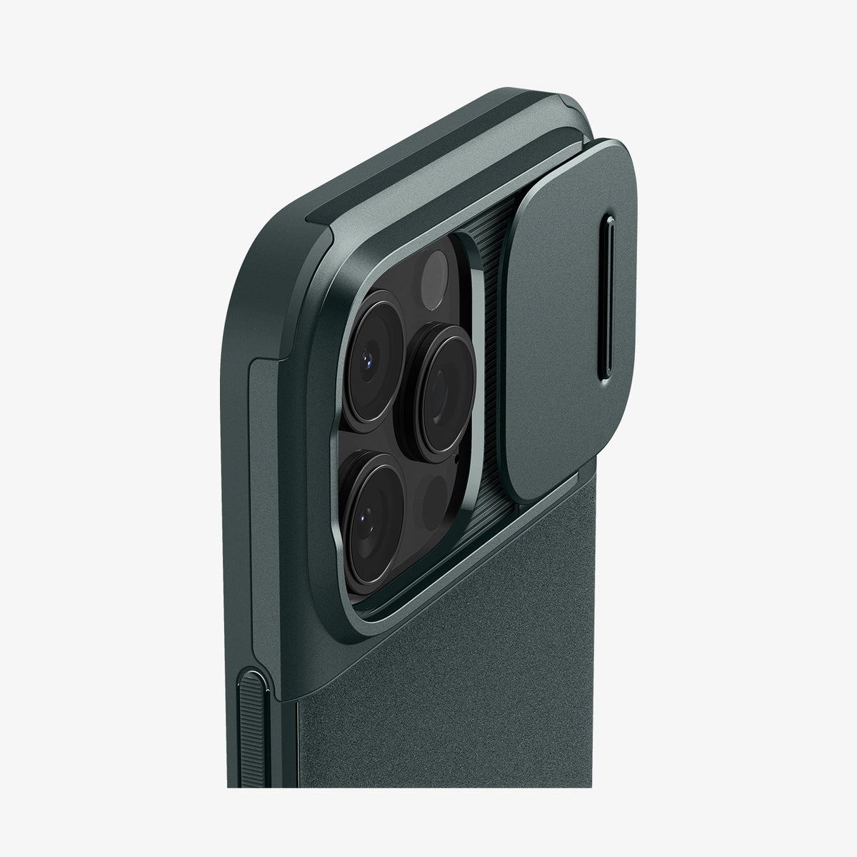 ACS08150 - iPhone 16 Pro Case Optik Armor (MagFit) in Abyss Green showing the back, partial side, optic slider open, camera lens zoomed in