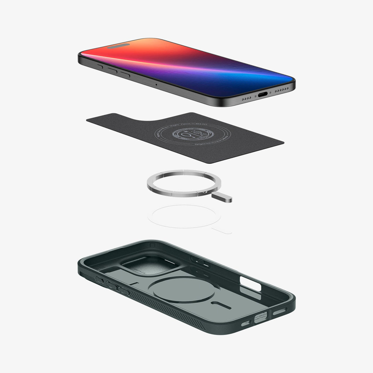ACS08150 - iPhone 16 Pro Case Optik Armor (MagFit) in Abyss Green showing the device hovering above the detached soft inner layer, metal ring plate and the case