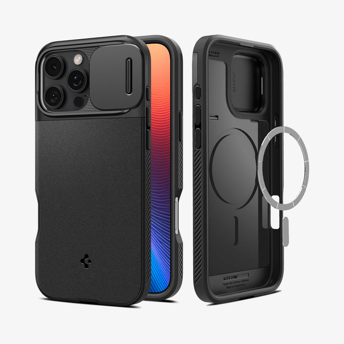 ACS08149 - iPhone 16 Pro Case Optik Armor (MagFit) in Black showing the back, partial sides, front, inner case with metal ring plate hovering in front