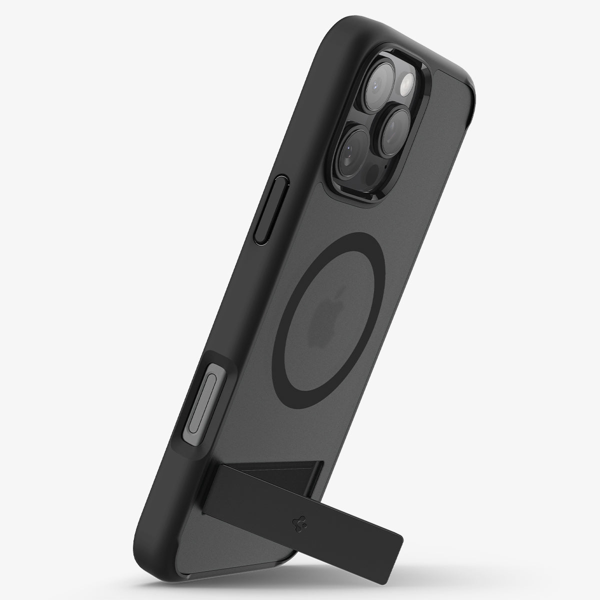 ACS08377 - iPhone 16 Pro Max Case Ultra Hybrid S (MagFit) in Frost Black showing the back, partial side propped up with a built-in kickstand in portrait style