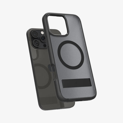 ACS08379 - iPhone 16 Pro Case Ultra Hybrid S (MagFit) in Frost Black showing the back, hovering in front of a device