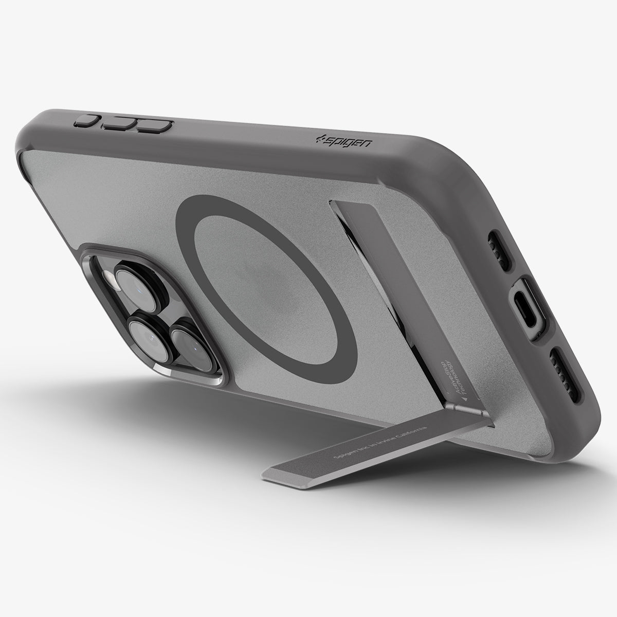 ACS08378 - iPhone 16 Pro Max Case Ultra Hybrid S (MagFit) in Frost Gray showing the back, partial sides and bottom, propped up with a built-in kickstand