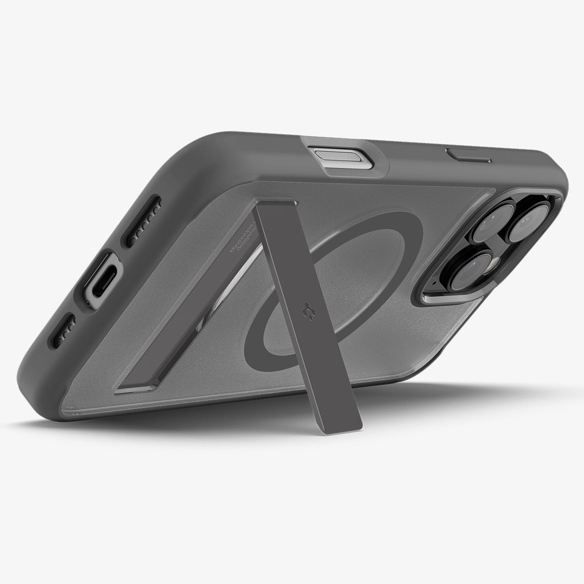 ACS08378 - iPhone 16 Pro Max Case Ultra Hybrid S (MagFit) in Frost Gray showing the back, partial sides and bottom, propped up with a built-in kickstand