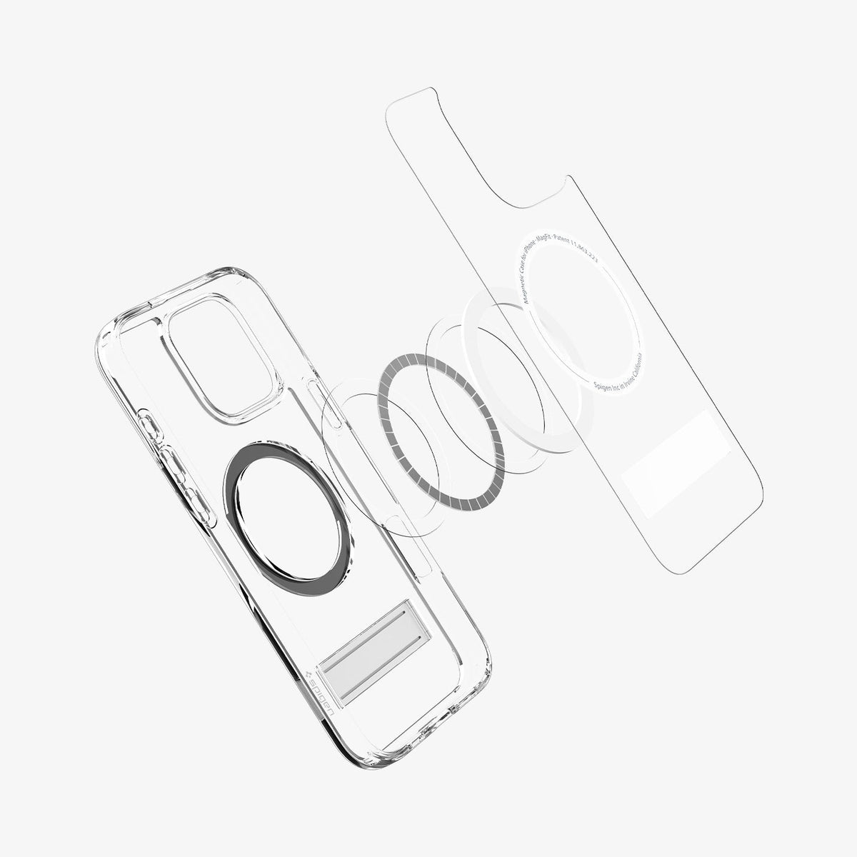 ACS08010 - iPhone 16 Pro Max Case Ultra Hybrid S (MagFit) in Graphite showing the back cover detached, hovering in front of the magsafe ring metal plate and the case showing inner side