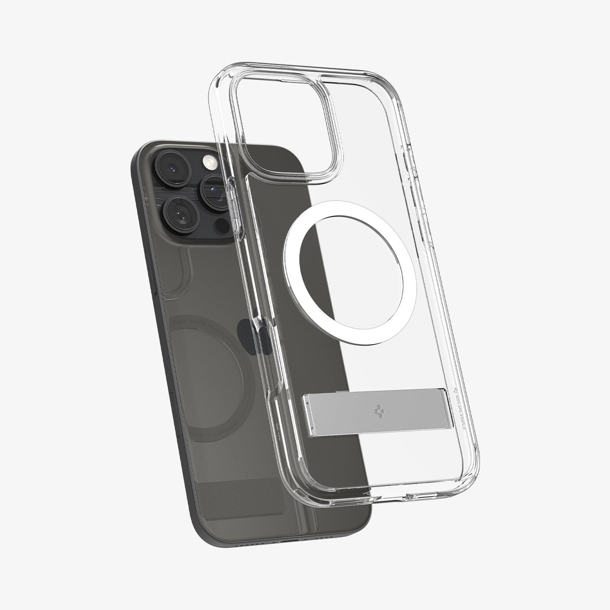 ACS08142 - iPhone 16 Pro Case Ultra Hybrid S (MagFit) in Crystal Clear showing the back, hovering in front of a device