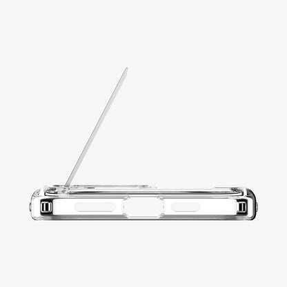 ACS08009 - iPhone 16 Pro Max Case Ultra Hybrid S (MagFit) in Crystal Clear showing the bottom, with built-in kickstand lifted up