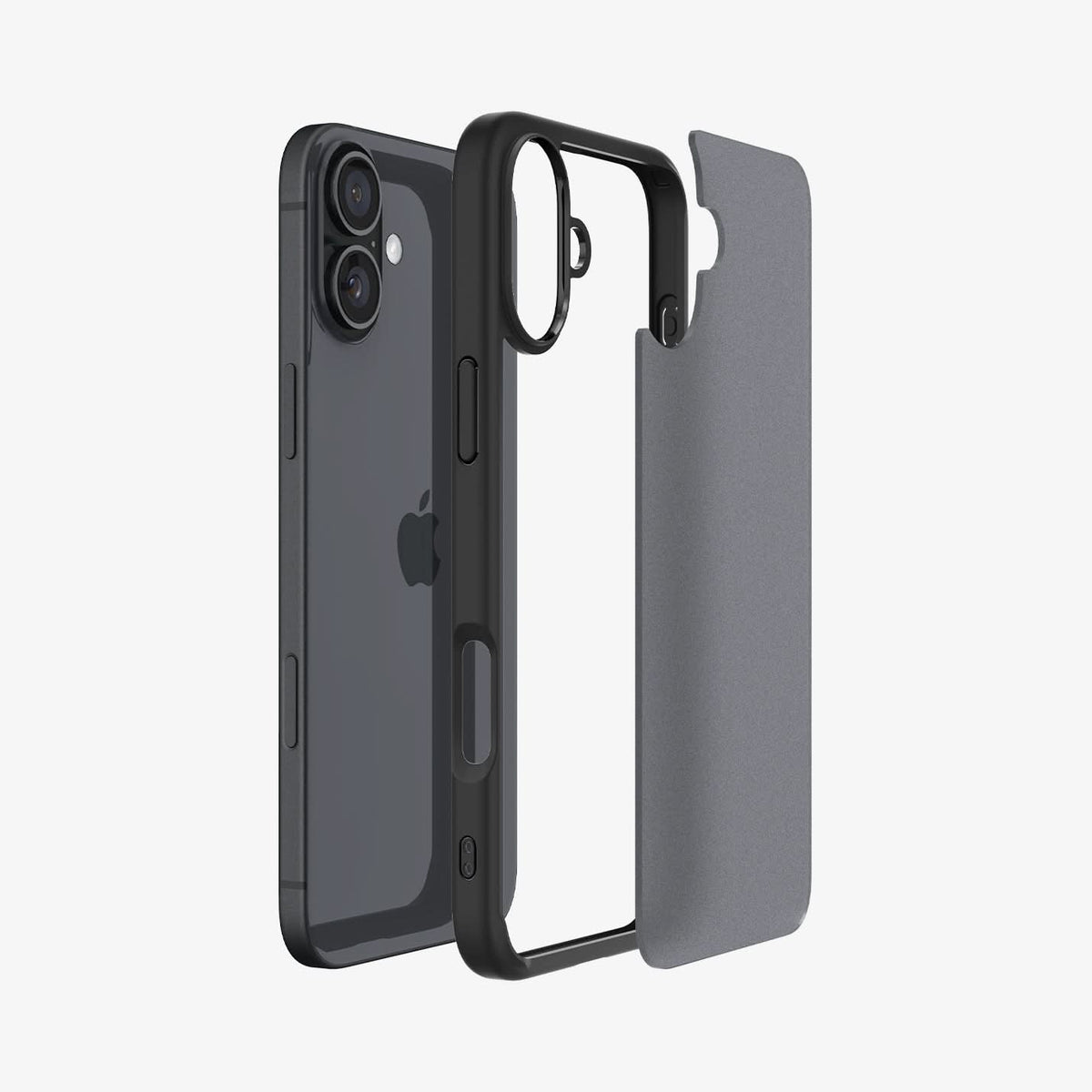 ACS08071 - iPhone 16 Plus Case Ultra Hybrid in Frost Black showing the back, detached from the frame of the case aligned with the device