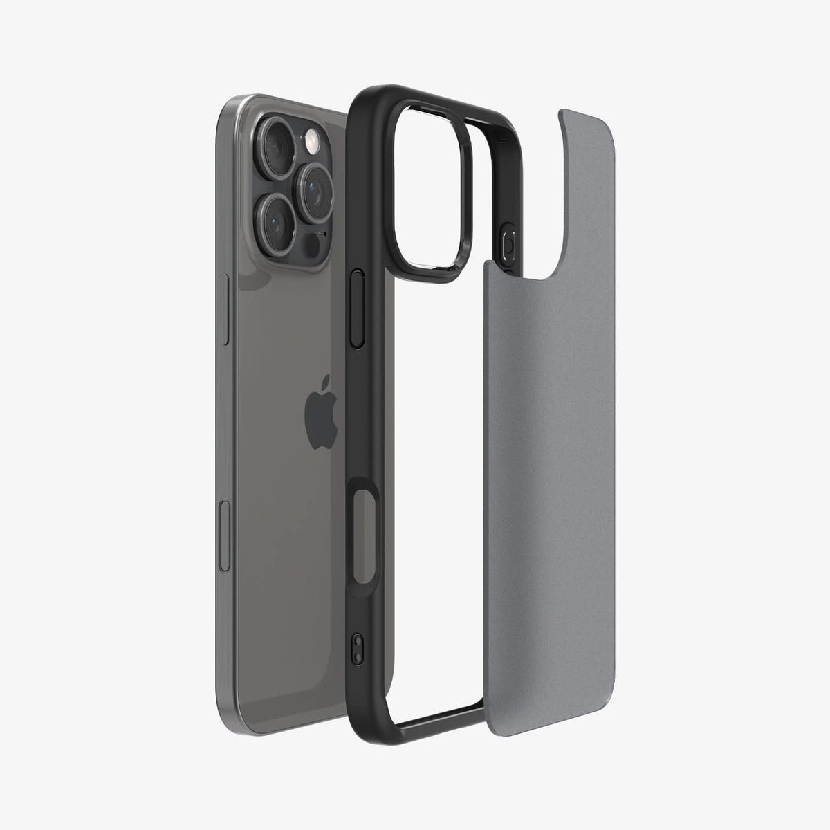 ACS08124 - iPhone 16 Pro Case Ultra Hybrid in Frost Black showing the back, detached from the frame of the case aligned with the device