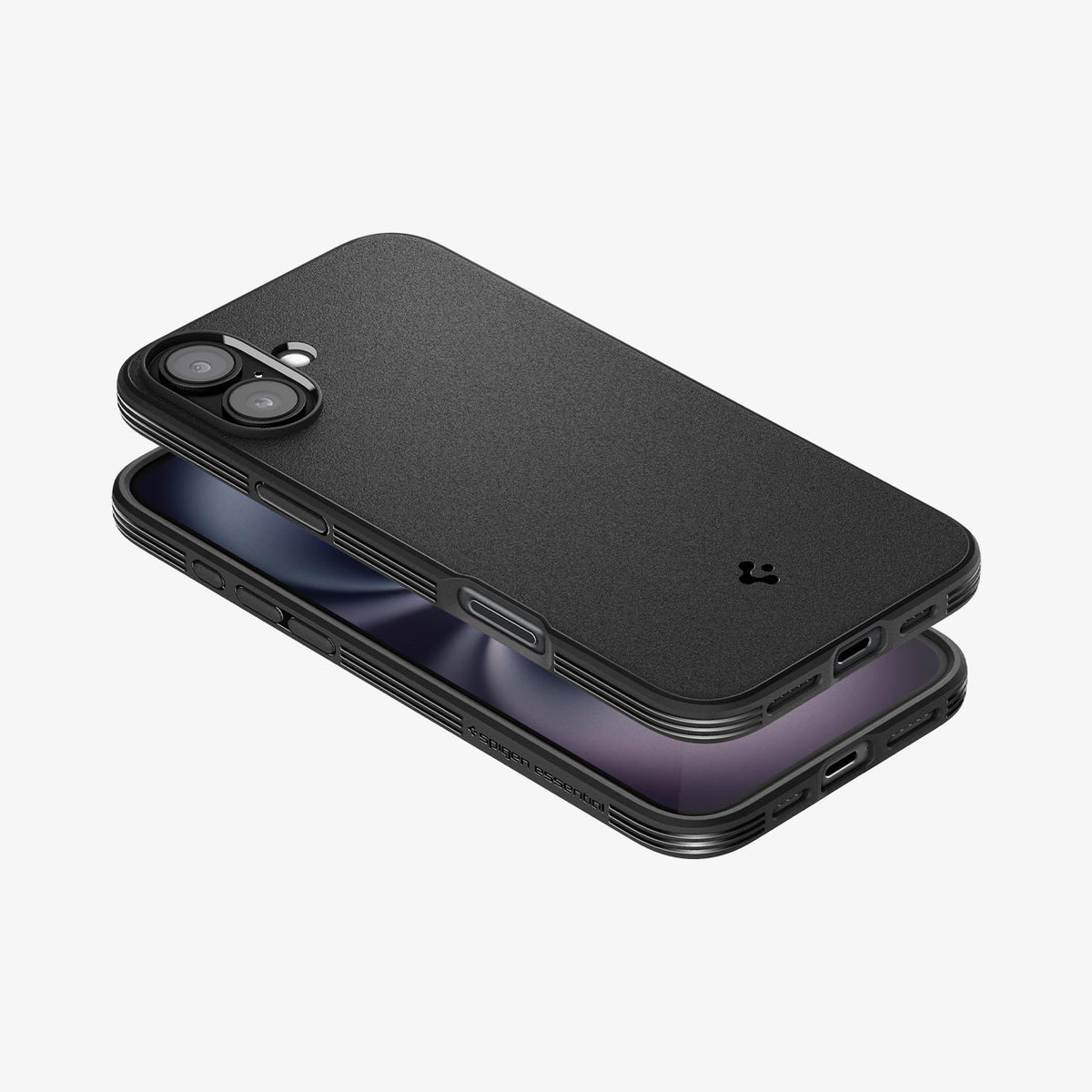 ACS08219 - iPhone 16 Sand Blast in Matte Black showing the back and side with case bending away from the device