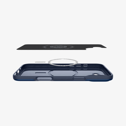ACS08187 - iPhone 16 Case Thin Fit (MagFit) in Navy Blue showing the inner layer hovering above the detached magnet ring plate and the case