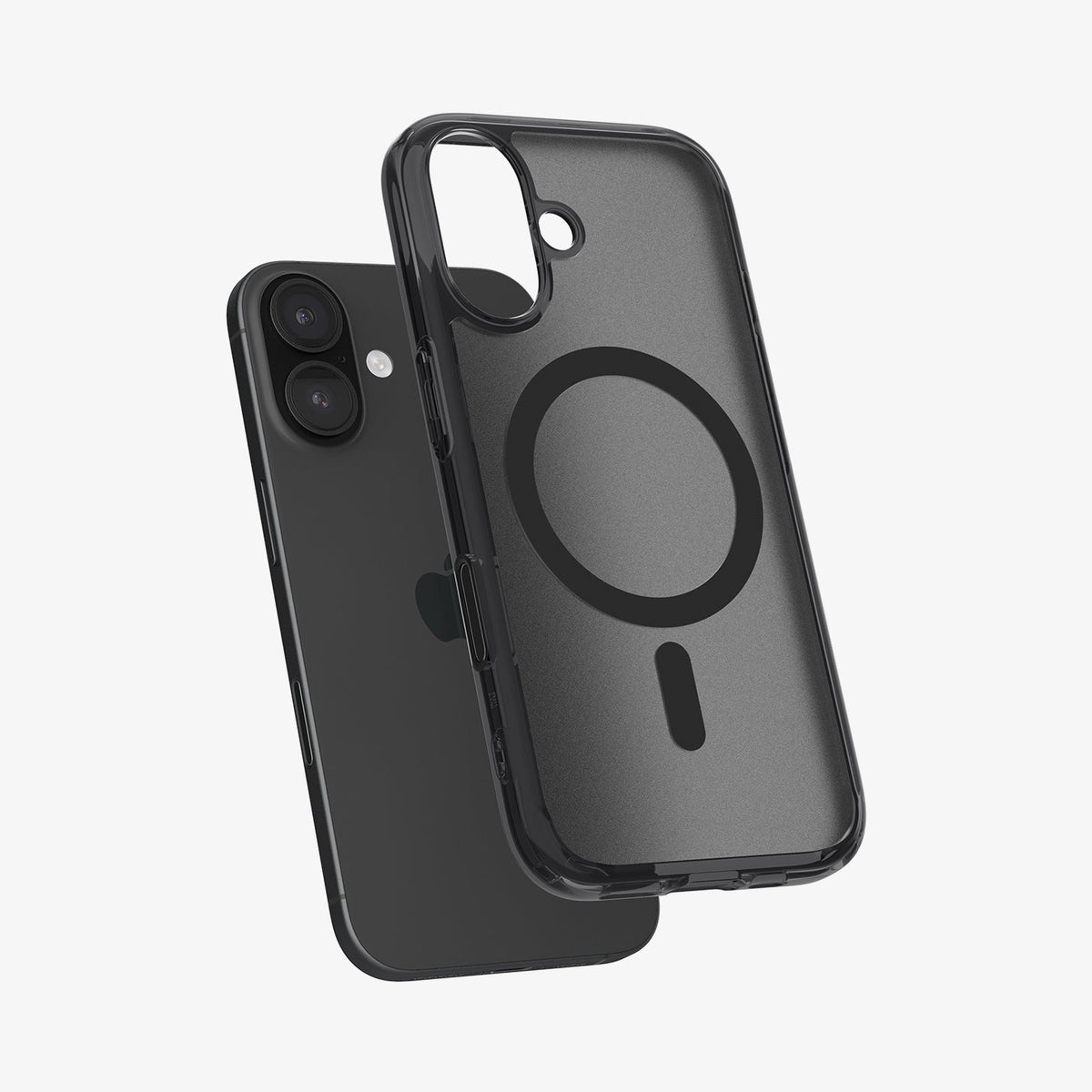 ACS09074 - iPhone 16 Case Ultra Hybrid T (MagFit + Camera Control) in Frost Black showing the back of the case hovering above the device