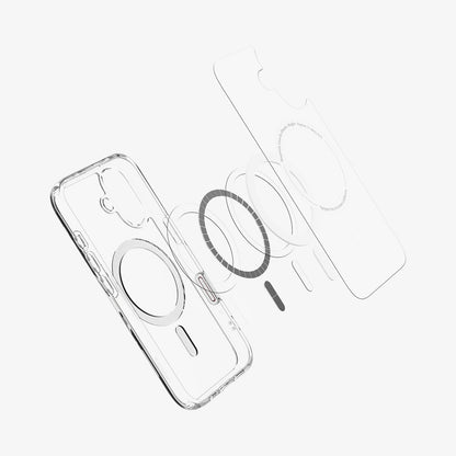ACS09073 - iPhone 16 Case Ultra Hybrid T (MagFit + Camera Control) in White showing the inner glass hovering above the magnet ring plate and case