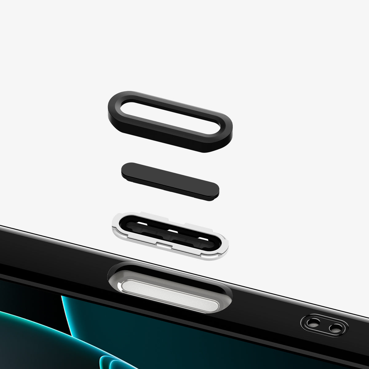 ACS09302 - iPhone 16 Pro Case c11 Series Eternal Edition (MagFit) in Eternal showing the detached parts of the camera button hovering above the device