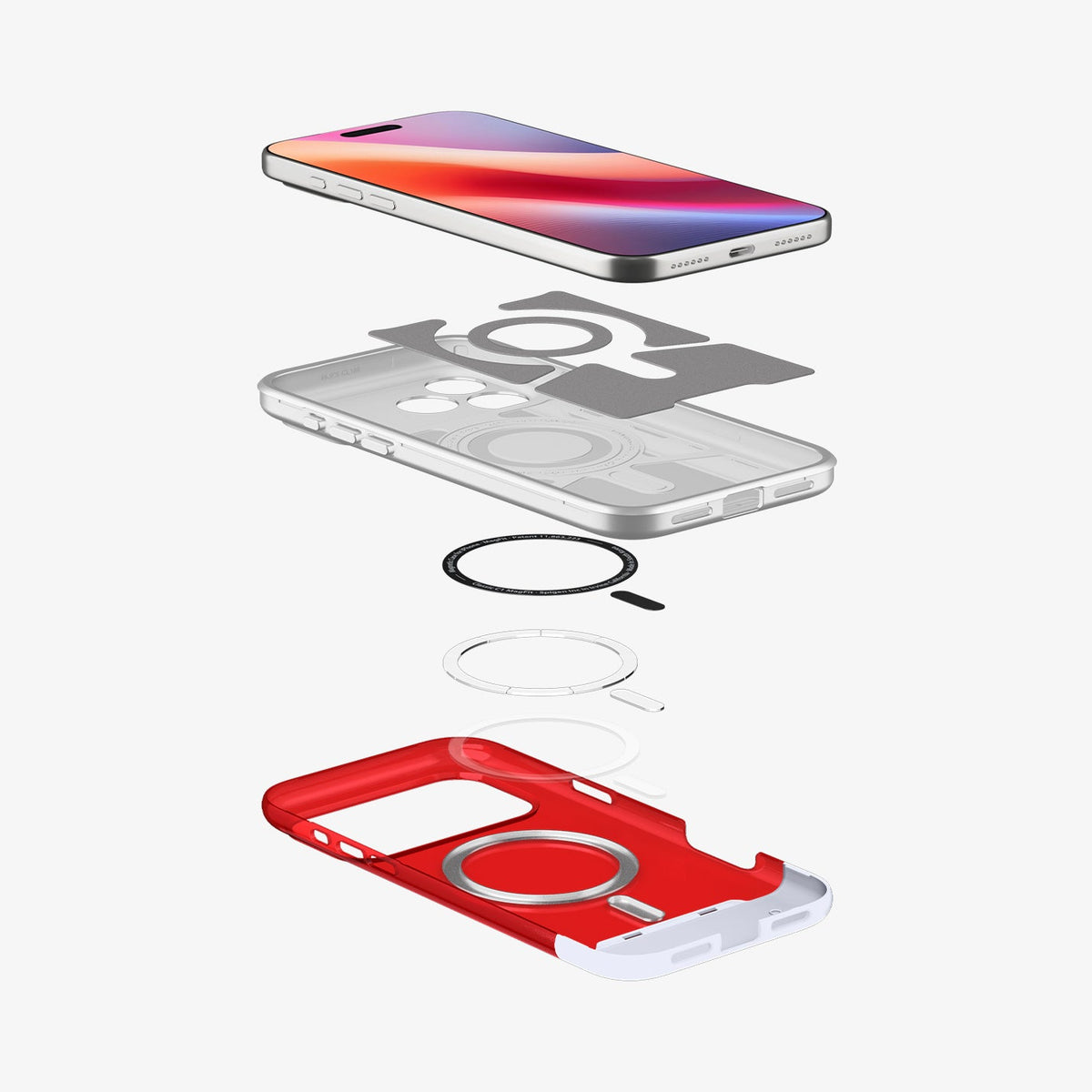 ACS09909 - iPhone 17 Pro Max Case Classic C1 (MagFit) in ruby showing the layers of case hovering below the device