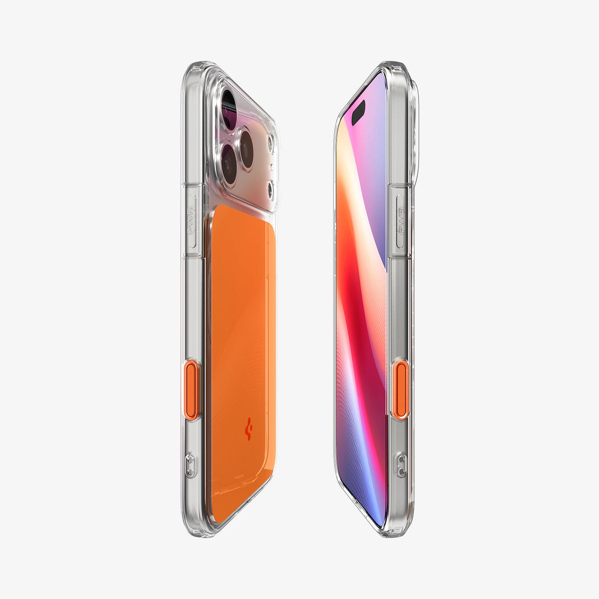 ACS10471 - iPhone 18 Pro / iPhone 17 Pro Ultra Hybrid T (Mag Fit) in Glossy Orange showing the partial back, partial front, and sides