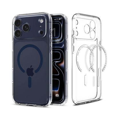 ACS10953 - iPhone 17 Pro Max Ultra Hybrid (MagFit) in Clear Deep Blue showing the back, partial inner, partial front and sides