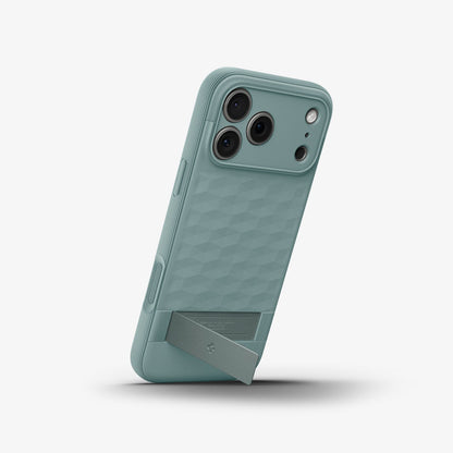 ACS09965 - iPhone 17 Pro Series Case Parallax S (MagFit) in green showing the device propped up by built in kickstand