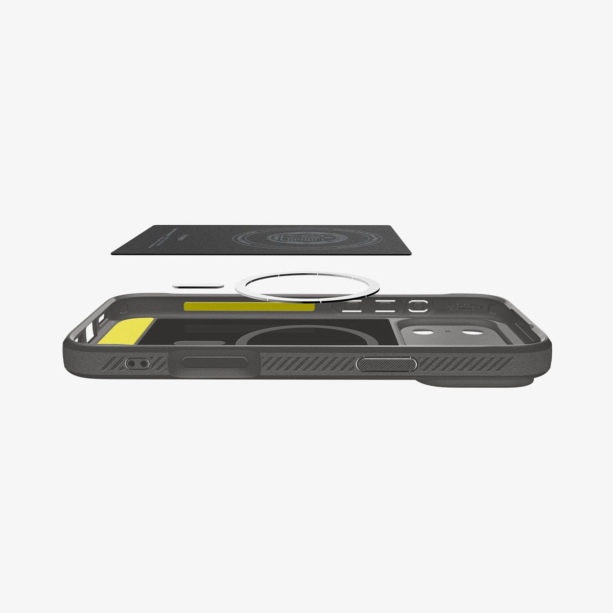 ACS09887 - iPhone 18 Pro Max / iPhone 17 Pro Max Rugged Armor (MagFit) in Gray showing the detached inner soft layer cover hovering above the detached metal ring plate and the inner of the case