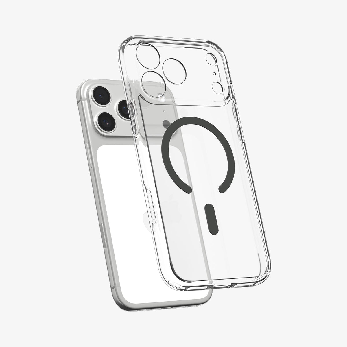 ACS10067 - iPhone 18 Pro / iPhone 17 Pro Ultra Hybrid (MagFit) in Clear Graphite showing the front of layer hovering above the magfit magnet plate and the case