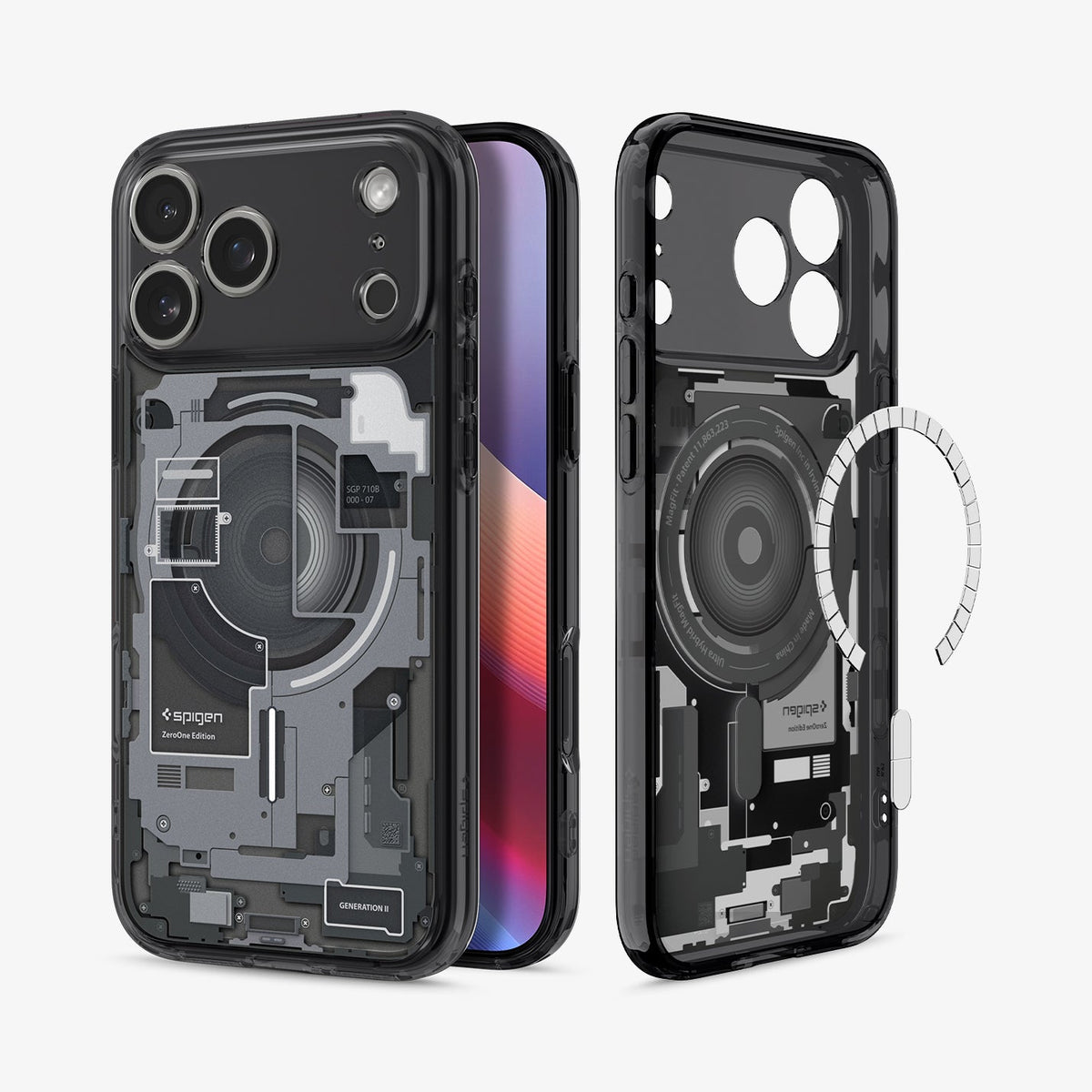 ACS10042 - iPhone 17 Pro Max Case Ultra Hybrid Zero One (MagFit) in Zero One Black showing the back, partial front, and inner while detached magnet is hovering in front of the case