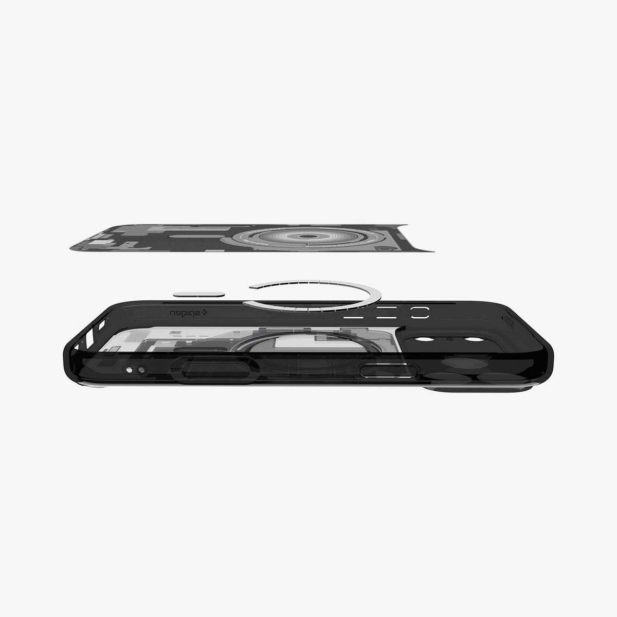 ACS10042 - iPhone 17 Pro Max Case Ultra Hybrid Zero One (MagFit) in Zero One Black showing the inner sticker, hovering above the detached magnet ring and the case