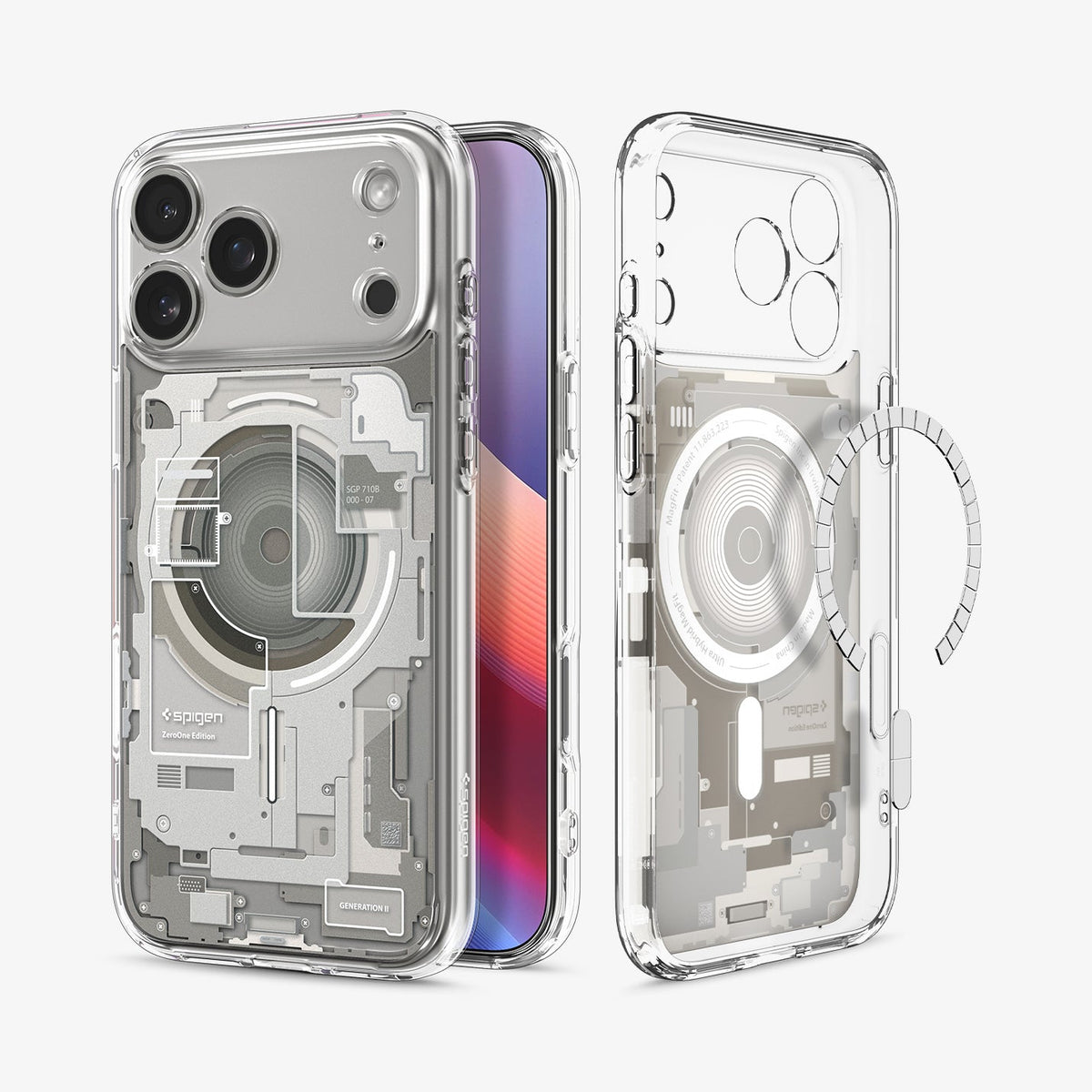 ACS10072 - iPhone 17 Pro Case Ultra Hybrid Zero One (MagFit) in Zero One Natural Titanium showing the back, partial front, and inner while detached magnet is hovering in front of the case
