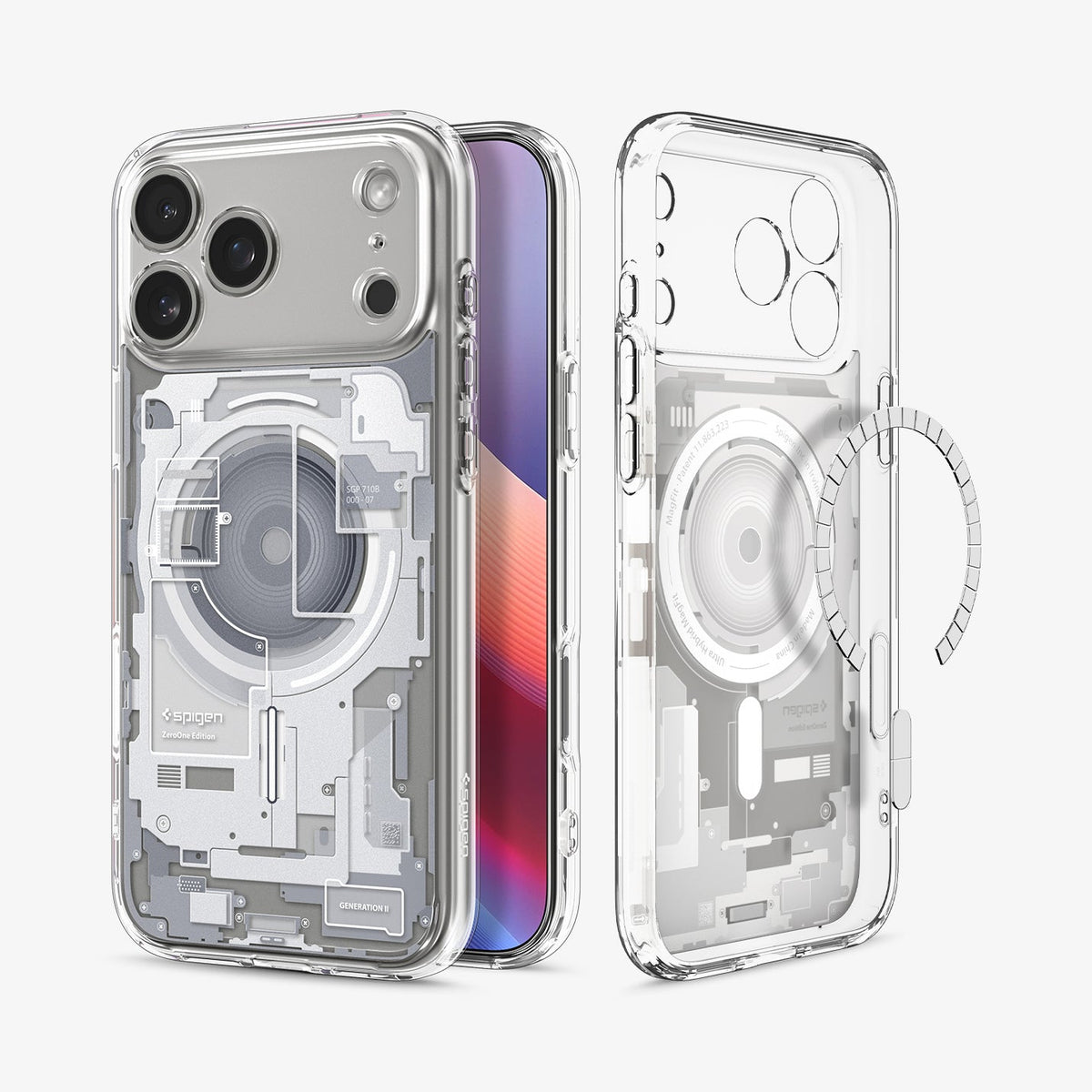 ACS10071 - iPhone 18 Pro / iPhone 17 Pro Ultra Hybrid Zero One (MagFit) White showing front and back angled views with transparent protection and a teardown-inspired design