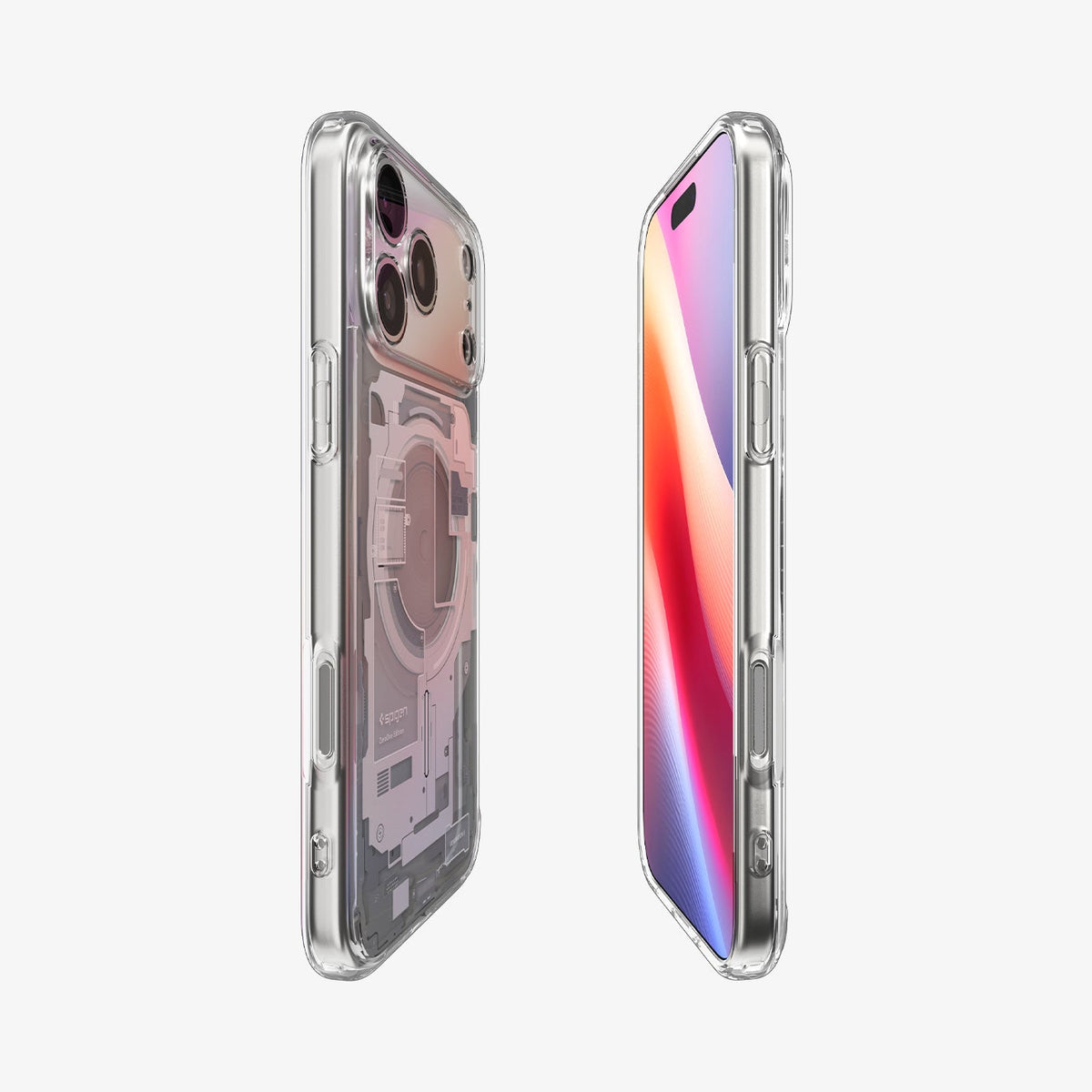 ACS10071 - iPhone 18 Pro / iPhone 17 Pro Ultra Hybrid Zero One (MagFit) White showing front and back angled views with a clear profile, covered buttons, and detailed teardown-inspired graphics