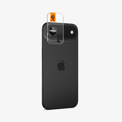AGL09863 - iPhone 17 Air Optik Pro EZ Fit Lens Protector in black showing the back and side with ez fit tray installed on device