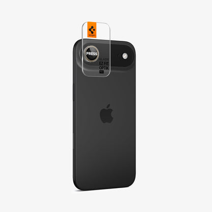 AGL10131 - iPhone 17 Air Optik Pro EZ Fit Lens Protector in gold showing the back and side with ez fit tray installed on device