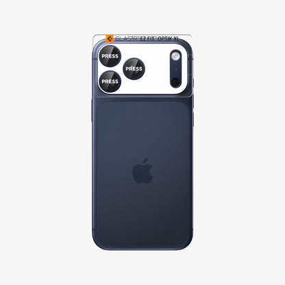 AGL10651 - iPhone 17 Pro Max Optik Pro XL EZ Fit Lens Protector in blue showing the back with lens screen protector infront