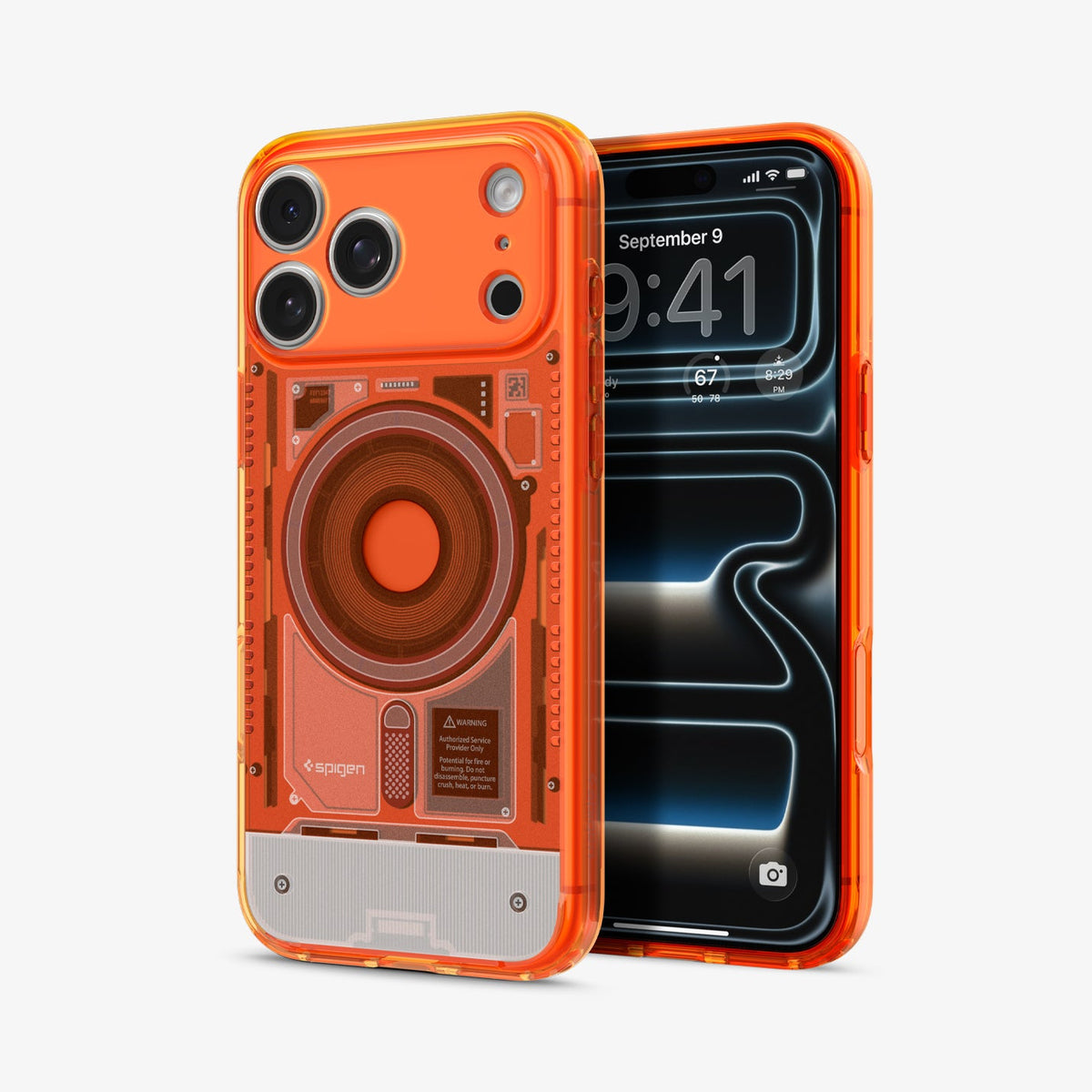 ACS11757 - iPhone 18 Pro / iPhone 17 Pro Ultra Hybrid C-One (Mag Fit) Tangerine showing a transparent case with a detailed internal-inspired design and integrated magnetic ring