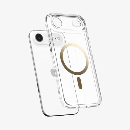 ACS10053 - iPhone 17 Air Ultra Hybrid (MagFit) in Clear Gold showing the front of layer hovering above the magfit magnet plate and the case