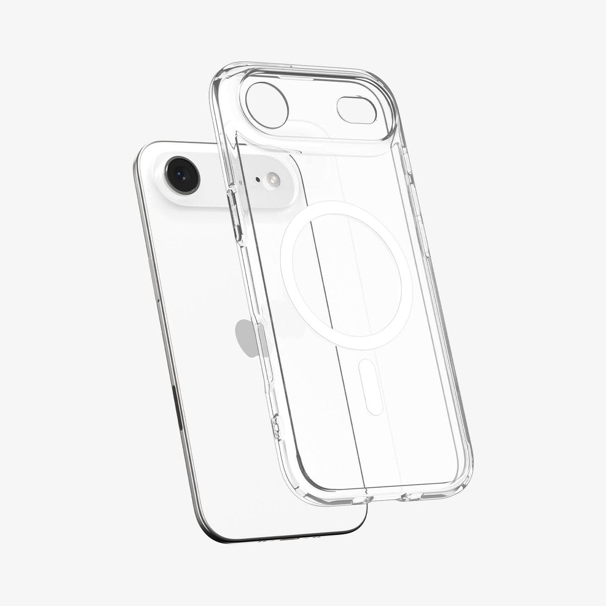ACS10051 - iPhone 17 Air Ultra Hybrid (MagFit) in Clear White showing the front of layer hovering above the magfit magnet plate and the case