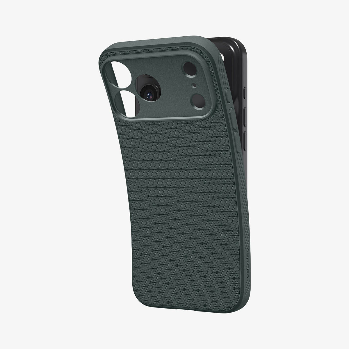 ACS09890 - iPhone 17 Pro Max Liquid Air in Abyss Green showing the back, partially peeled off from the device