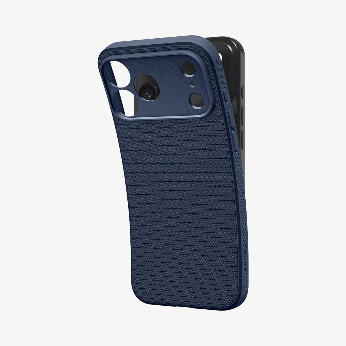 ACS09889 - iPhone 17 Pro Max Liquid Air in Navy Blue showing the back, partially peeled off from the device