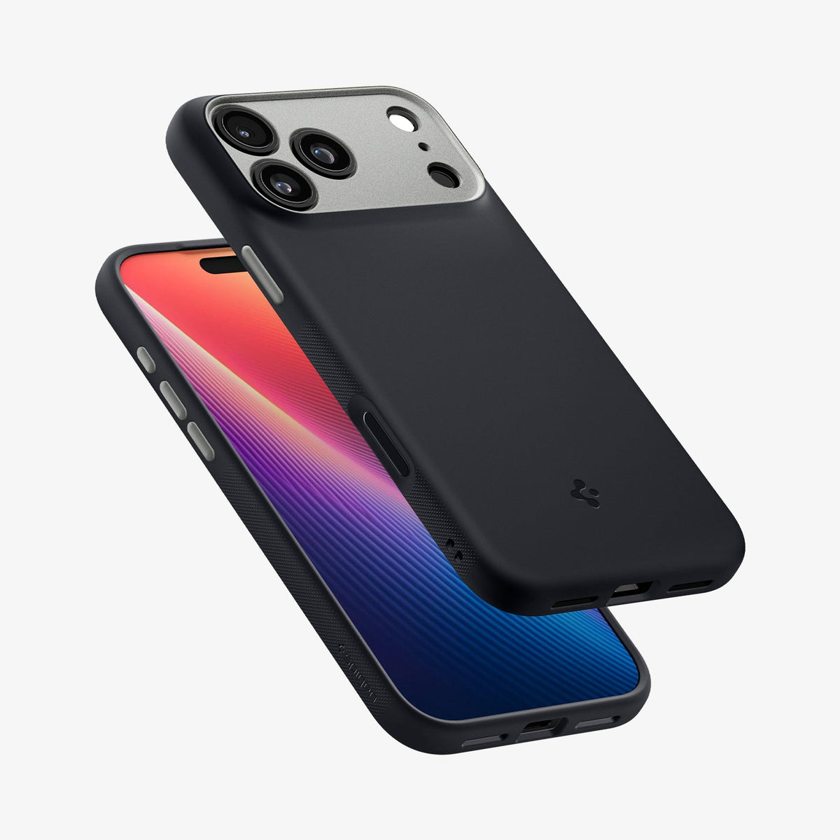 ACS09968 - iPhone 18 Pro / iPhone 17 Pro Nano Pop (Mag Fit) in Black Sesame showing angled front and back views highlighting the smooth finish, textured grip, and precise button coverage