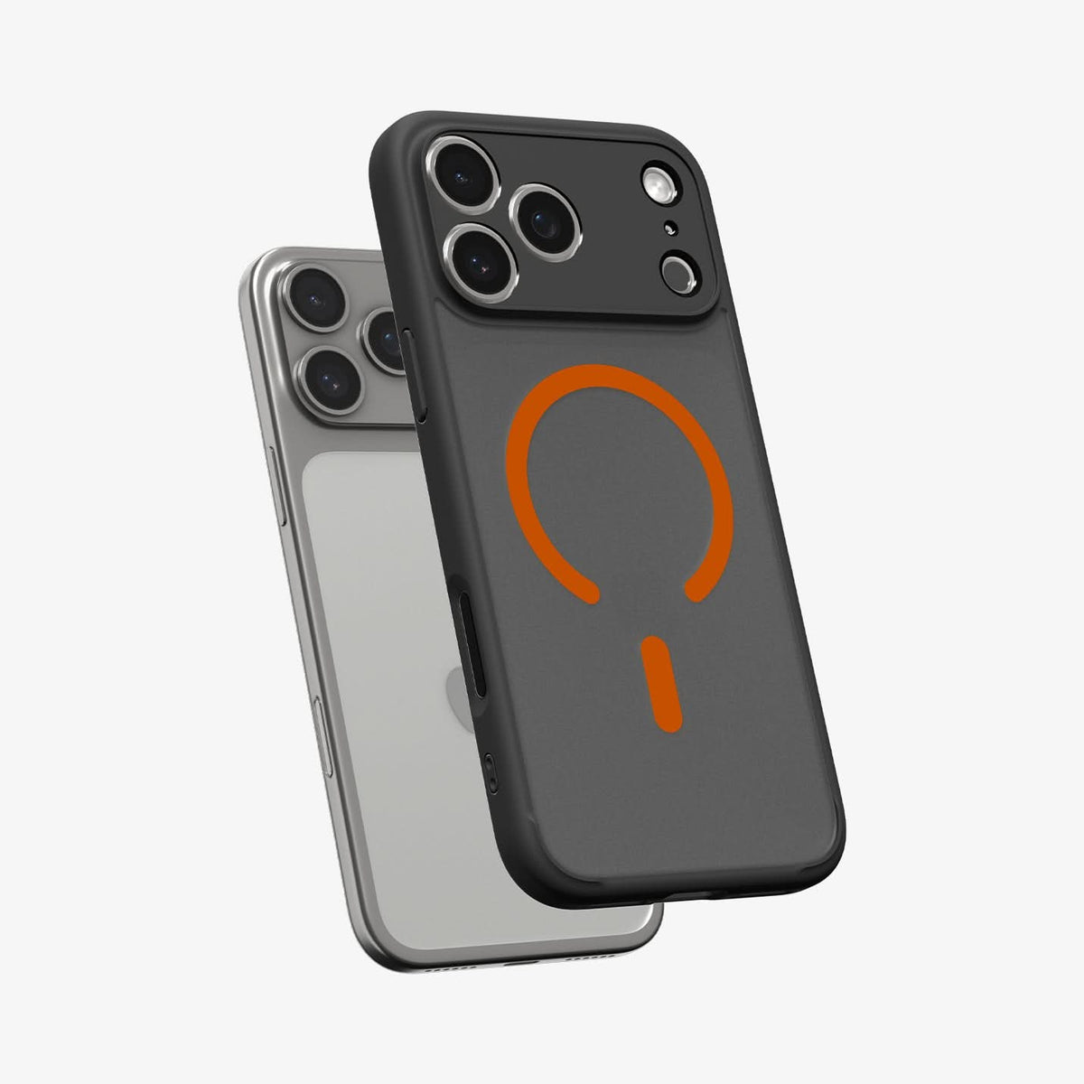 ACS10480 - iPhone 17 Pro Max Ultra Hybrid (MagFit) in Frost Black Orange showing the front of layer hovering above the magfit magnet plate and the case