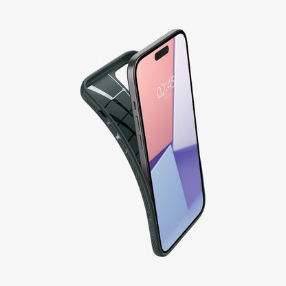 ACS06792 - iPhone 15 Case Liquid Air in abyss green showing the case bending away from the device to show the flexibility