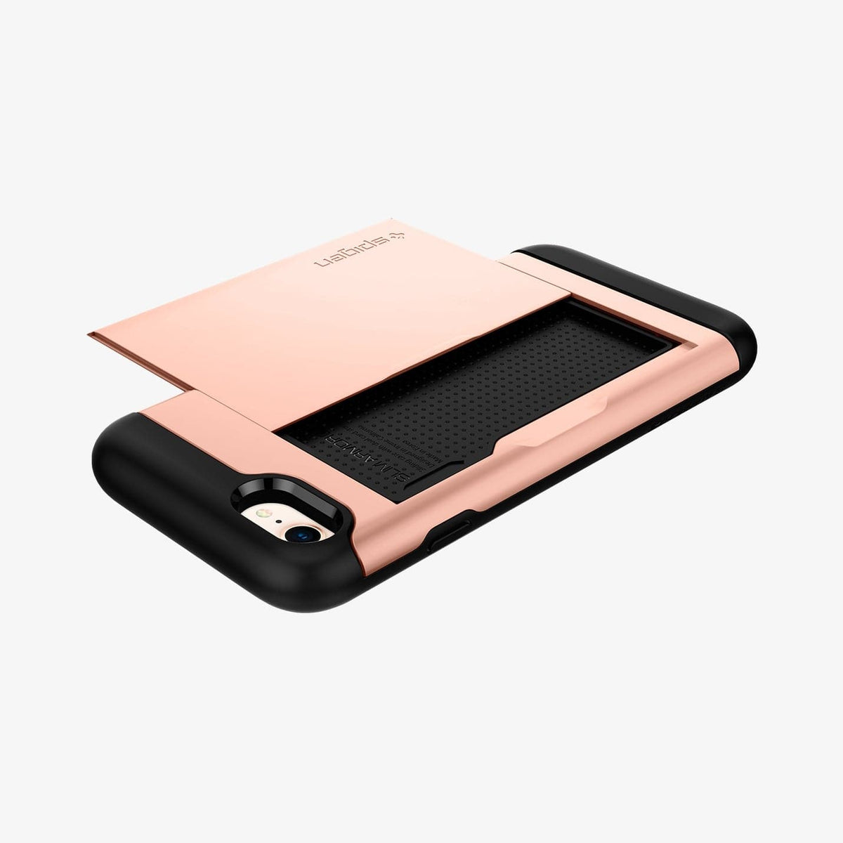 054CS22570 - iPhone 8 Series Slim Armor CS Case in Blush Gold showing the back with card slider out, flat
