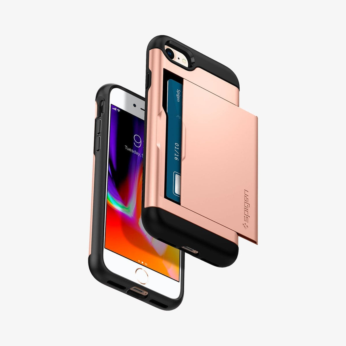 054CS22570 - iPhone 7 Series Slim Armor CS Case in Blush Gold showing the back with slider slightly open with card inside, hovering above another, showing front