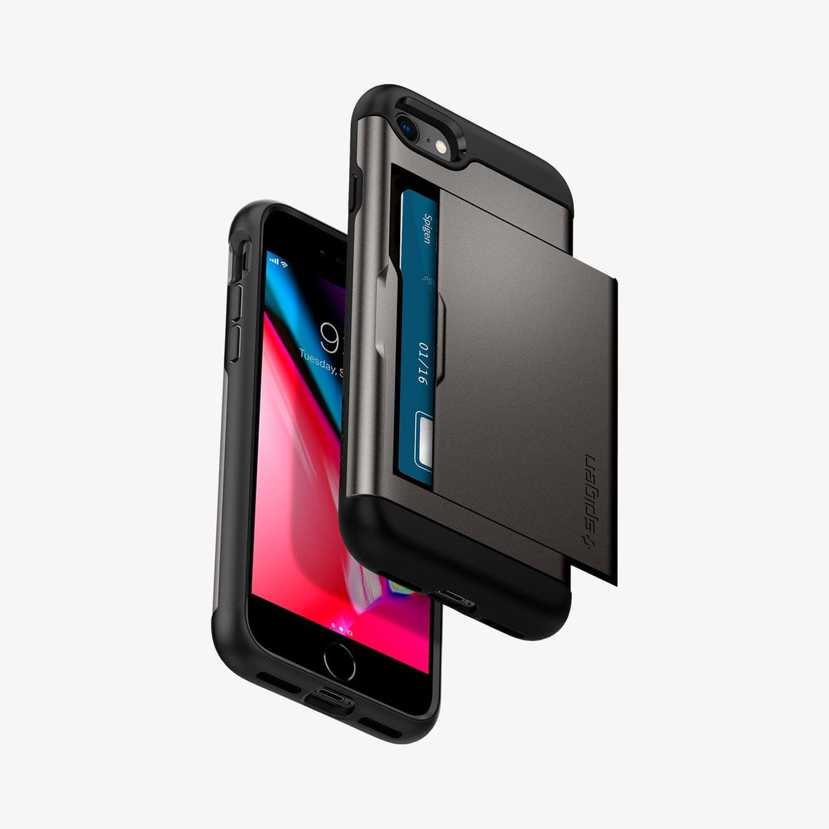 042CS20453 - iPhone 8 Series Slim Armor CS Case in Gunmetal showing the back with slider slightly open with card inside, hovering above another, showing front