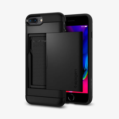 043CS20528 - iPhone 7 Series Slim Armor CS Case in Black showing the back with card slider out, another one behind showing front