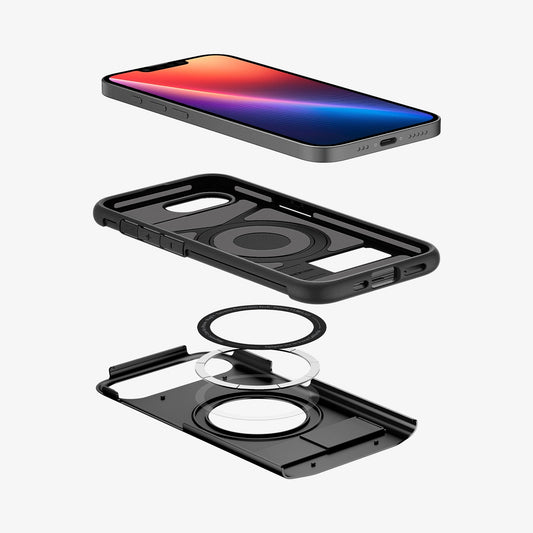 ACS09129 - iPhone 17e Case Slim Armor (MagFit) in Black showing the device hovering above the first layer case, detached metal ring parts and back cover case