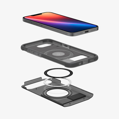 ACS09131 - iPhone 17e Case Slim Armor (MagFit) in Frost Black showing the device hovering above the first layer case, detached metal ring parts and back cover case